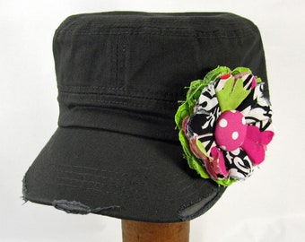 Gray Cadet Cap with Fabric Flower Pin, distressed cadet cap, adjustable cadet cap, removable fabric flower pin - green, pink - GY02