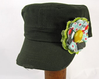 Olive Green Cadet Cap with Fabric Flower Pin, distressed cadet cap, adjustable cadet cap, removable fabric flower pin - olive, gray - GY13