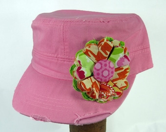 Pink Cadet Cap with Fabric Flower Pin, distressed cadet cap, adjustable cadet cap, removable fabric flower pin - orange, pink - PK09