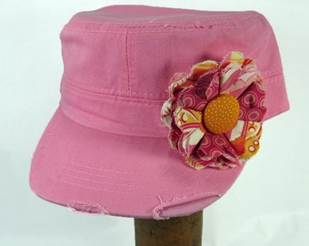 Pink Cadet Cap with Fabric Flower Pin, distressed cadet cap, adjustable cadet cap, removable fabric flower pin - orange, pink - PK04