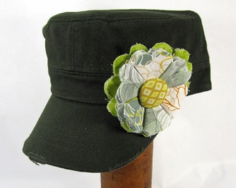 Olive Green Cadet Cap with Fabric Flower Pin, distressed cadet cap, adjustable cadet cap, removable fabric flower pin - olive, gray - GY15