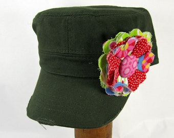 Olive Green Cadet Cap with Fabric Flower Pin, distressed cadet cap, adjustable cadet cap, removable fabric flower pin - olive, pink - GY03