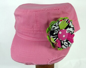 Pink Cadet Cap with Fabric Flower Pin, distressed cadet cap, adjustable cadet cap, removable fabric flower pin - green, pink - PK02