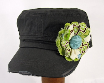 Gray Cadet Cap with Fabric Flower Pin, distressed cadet cap, adjustable cadet cap, removable fabric flower pin - gray, green - GY12