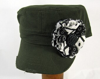 Olive Green Cadet Cap with Fabric Flower Pin, distressed cadet cap, adjustable cadet cap, removable fabric flower pin - olive, black - GY18