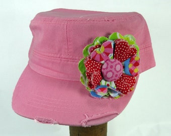 Pink Cadet Cap with Fabric Flower Pin, distressed cadet cap, adjustable cadet cap, removable fabric flower pin - red, pink - PK03