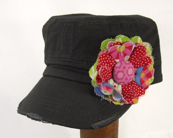 Gray Cadet Cap with Fabric Flower Pin, distressed cadet cap, adjustable cadet cap, removable fabric flower pin - red, pink - GY03