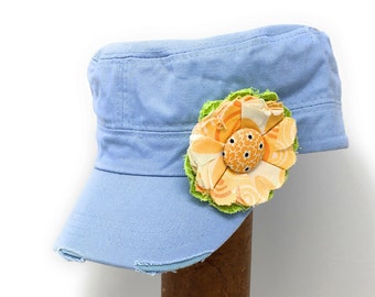 Light Blue Cadet Cap with Fabric Flower Pin, distressed cadet cap, adjustable cadet cap, removable fabric flower pin - yellow, white - LB14
