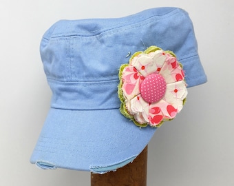Light Blue Cadet Cap with Fabric Flower Pin, distressed cadet cap, adjustable cadet cap, removable fabric flower pin - pink, white - LB06