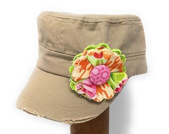 Khaki Cadet Cap with Fabric Flower Pin, distressed cadet cap, adjustable cadet cap, removable fabric flower pin - tan, pink - KH09