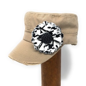 Khaki Cadet Cap with Fabric Flower Pin, distressed cadet cap, adjustable cadet cap, removable fabric flower pin tan, black KH18 image 1