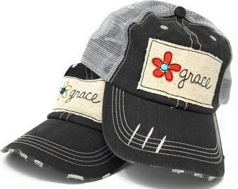 Verontruste truckerpet, Grace Trucker-pet, dames, truckerpet, inspirerende hoed, Grace-patch