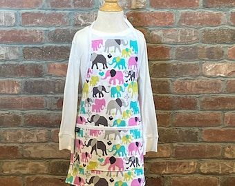 Elephant Kids Apron - Reversible Apron, full apron, apron with pockets, apron sized for toddlers, kids, or tweens, matching aprons