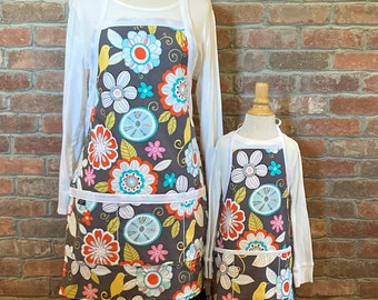 Tropical Gray Matching Apron Sets- Reversible Apron, full apron, apron with pockets, pair with toddlers, kids, or tweens, matching aprons