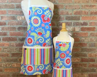 Pop Garden Matching Apron Sets - full apron, apron with pockets, Womens apron pairs with apron sized for toddlers, kids, or tweens aprons