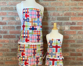 Madras Plaid Matching Apron Set- Reversible Apron, boys apron, mens apron,pair with unisex apron sized for toddlers, kids, or tween apron