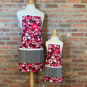 Poppy Merlot Matching Aprons - full apron, apron with pockets, pair with apron sized for toddlers, kids, or tweens, matching apron sets