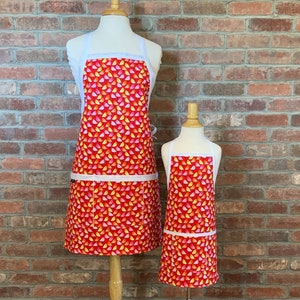 Red Bird Matching Apron Set - Reversible Apron, full apron, pair with apron sized for toddlers, kids, or tweens, matching aprons