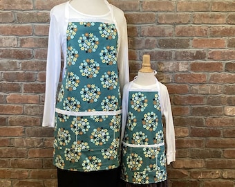 Wildflower Lagoon Matching Aprons - full apron, apron with pockets, pair apron sized for toddlers, kids, or tweens, matching aprons