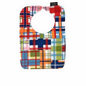 Gender neutral baby gift, Madras Plaid Reversible Bib with snap closure - lined with cotton batting, drool bib, bib with sailboats