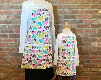 Elephant Matching Apron Set - adult apron paired with apron sized for toddlers, kids, or tweens