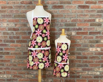 Carnival Bloom Mommy and Me Matching Apron Set - Toddler, Kid or Tween Size - reversible aprons