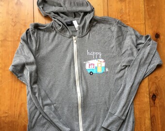 Happy Camper Lightweight Hoodie, Vintage Camper, Embroidered Applique