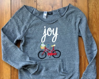 Joy Bicycle Sweatshirt with Scoop neck, Bike flower basket, Alternative Apparel sweatshirt, cute bike shirt