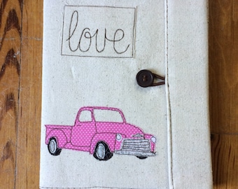 Vintage Truck Covered Composition Book with pen, made to order, notebook, journal, guest book, cute notebook, free motion sewing,truck journ