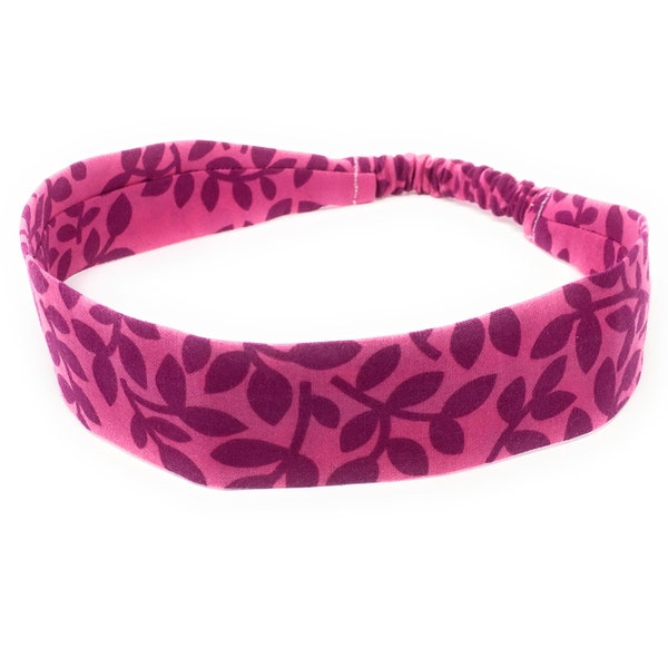 Headbands for Girls and Women, Fuschia Leaves Fabric Headband - Pick your size, fits toddlers to adults - 1-1/2" wide - narrow headband