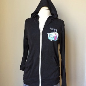 Happy Camper Hoodie, Black Charcoal Hoodie, shasta Camper, vintage camper, Bella & Canvas Triblend Unisex Full-zip Lightweight Hoodie,