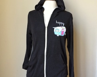 Happy Camper Embroidered Hoodie, Vintage Style, Bella Canvas Triblend Unisex Full Zip Sweatshirt