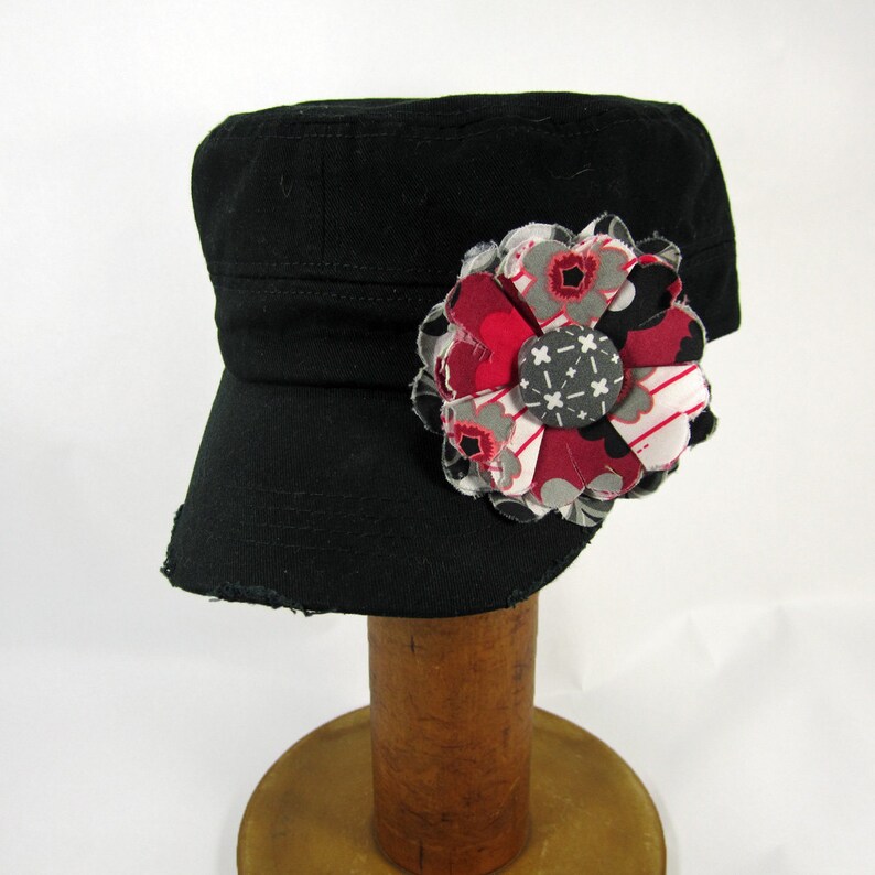 Black Cadet Cap with Fabric Flower Pin, adjustable cadet cap, removable fabric flower pin, distressed cap black, white BL05 image 1