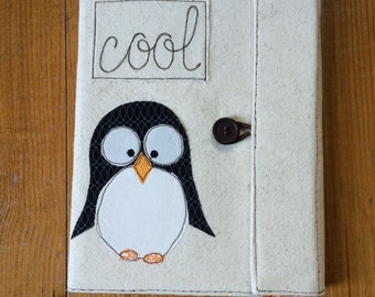 Penguin Covered Composition Book with pen, notebook, journal, guest book, cute notebook, applique, free motion sewing penguin journal