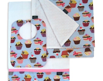 Baby Gift Set, Cupcake Receiving Blanket Set with Matching Bib and Burp Cloth