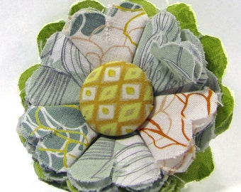 Fabric Flower Pin, Fabric Flower Brooch, raw edge flower, gray, yellow, white- FP15