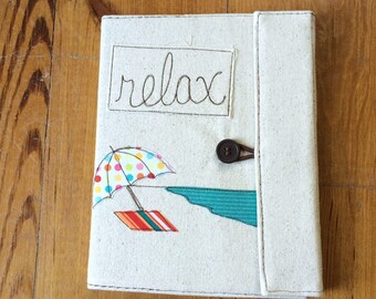 Relax Beach Covered Composition Book with pen, notebook, journal, guest book, cute notebook, applique, free motion sewing