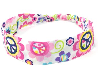 Girls Headbands, Womens Headbands, Fabric Headband - Peace Daisy - Pick your size - fit toddlers to adults - 1-1/2" wide