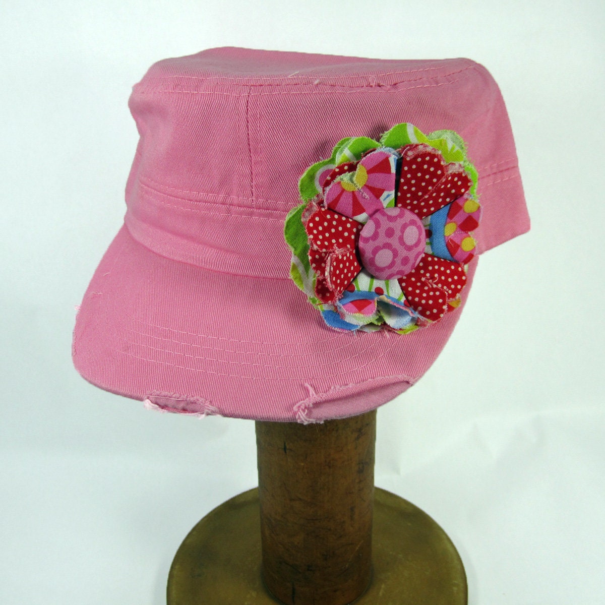 Pink Cadet Cap With Fabric Flower Pin, Distressed Cadet Cap  display picture 3