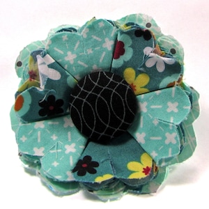 Fabric Flower Pin, Fabric Flower Brooch, raw edge flower, teal, aqua, black - FP21