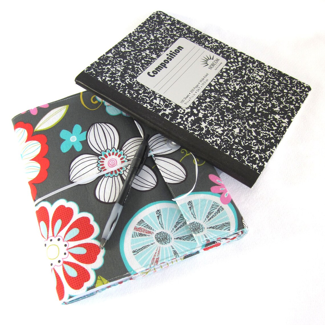Notebook Tropical Gray Fabric Covered Composition Book Cover With Pen