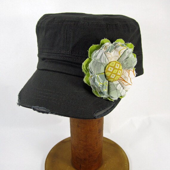 Gray Cadet Cap With Fabric Flower Pin, Distressed Cadet Cap  display picture 3
