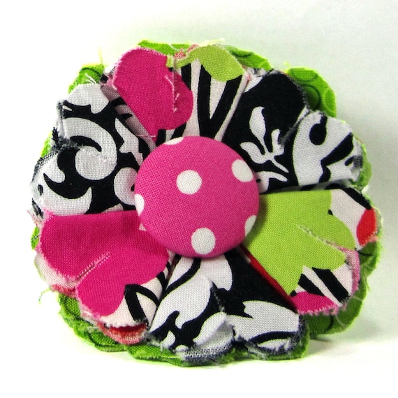 Stoffblume Anstecknadel, Stoffblume Brosche, Stoffblume, pink, schwarz und weiß - FP02
