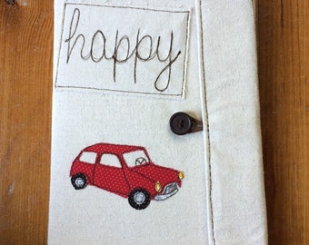 Red Mini Cooper Covered Composition Book with pen, notebook, journal, guest book, cute notebook, applique, free motion sewing