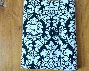 Lined Notebook - Black Damask Fabric Covered Composition Book Cover - with pen and composition book, fabric covered notebook