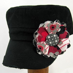 Black Cadet Cap with Fabric Flower Pin, adjustable cadet cap, removable fabric flower pin, distressed cap black, white BL05 image 3