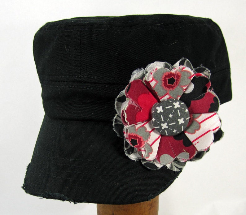 Black Cadet Cap with Fabric Flower Pin, adjustable cadet cap, removable fabric flower pin, distressed cap black, white BL05 image 3