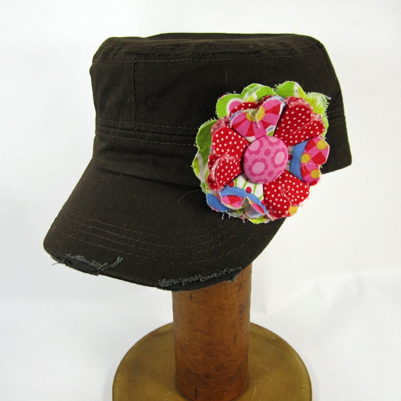 Brown Cadet Cap with Fabric Flower Pin, distressed cadet cap, adjustable cadet cap, removable fabric flower pin red, pink BR03 image 1