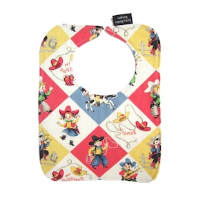 Baby bibs for boys, Yippee Reversible Bib with snap closure, Cowboy Bib, retro bib, cute baby bib, lined bib, drool bib