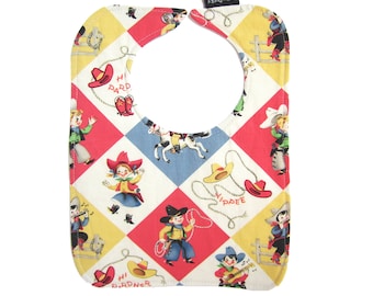 Baby bibs for boys, Yippee Reversible Bib with snap closure, Cowboy Bib, retro bib, cute baby bib, lined bib, drool bib